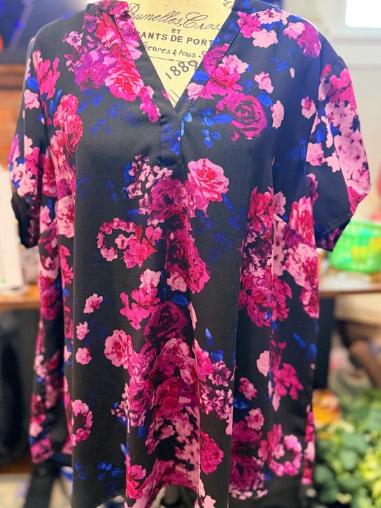 torrid Tops - torrid Black Floral V-Neck Top with Pink & Blue Flowers